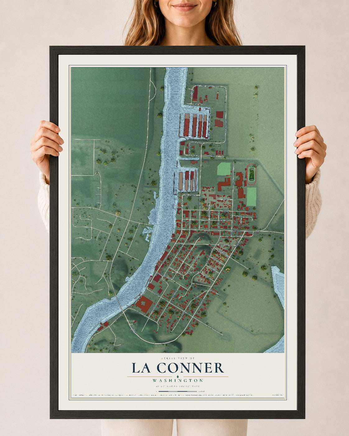 Map of La Conner, Washington, 24 x 36 inch print in a black wood frame