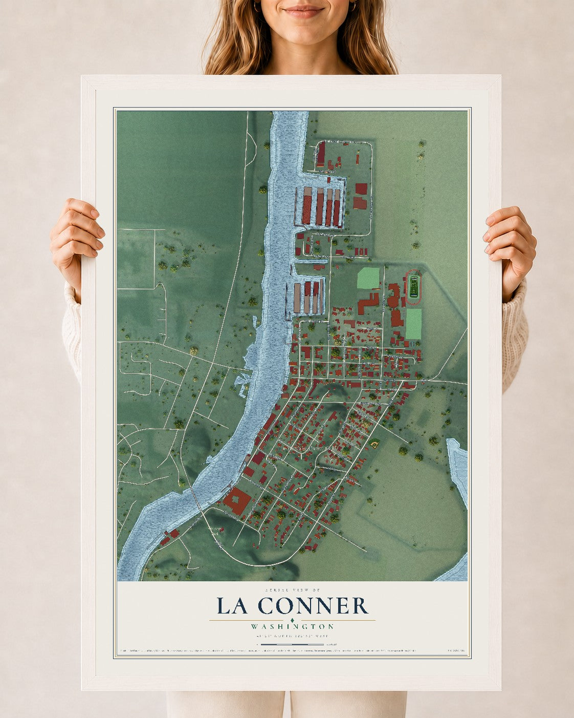 Map of La Conner, Washington, 24 x 36 inch print in a white wood frame