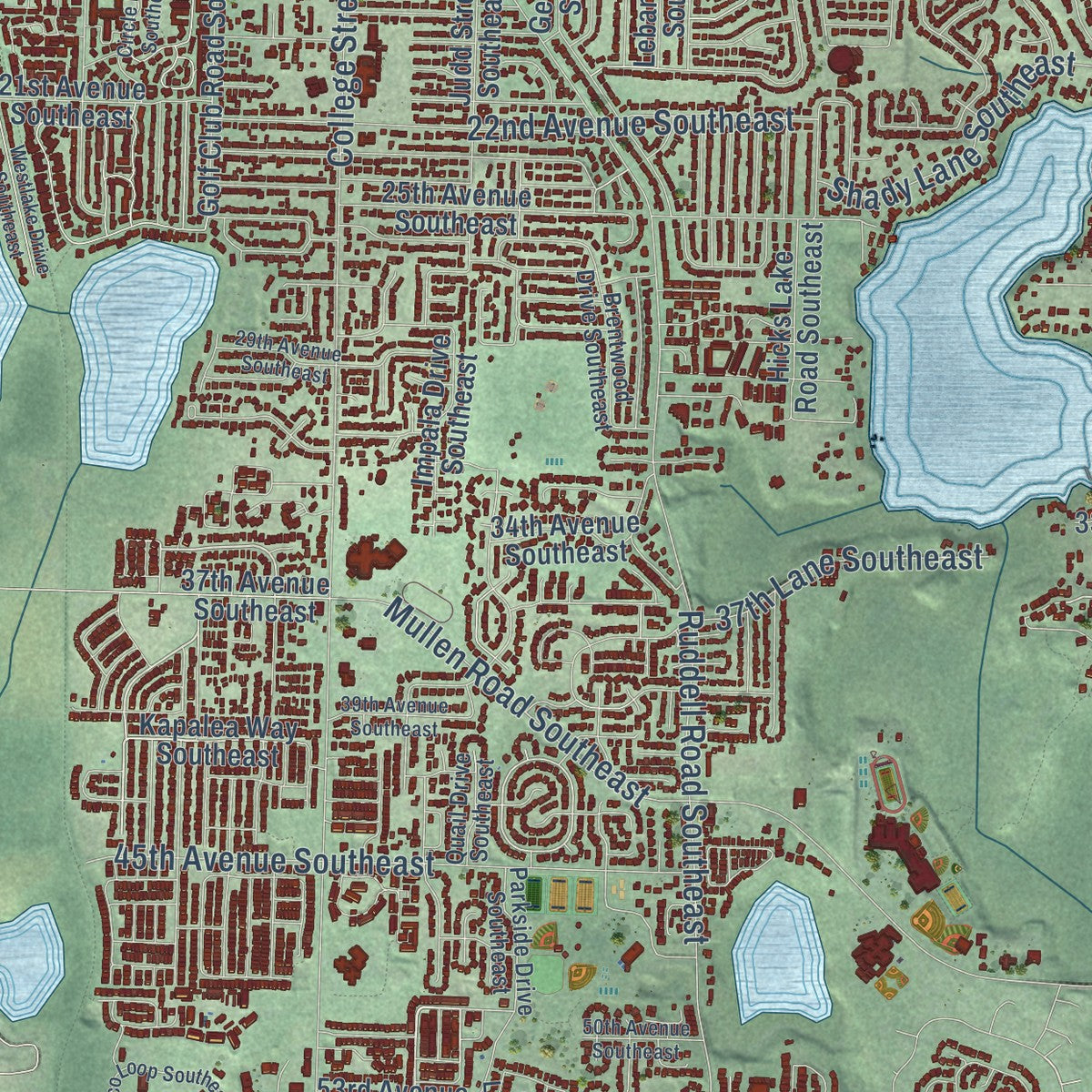 Close-up of the map of Lacey, Washington print showing street and building detail