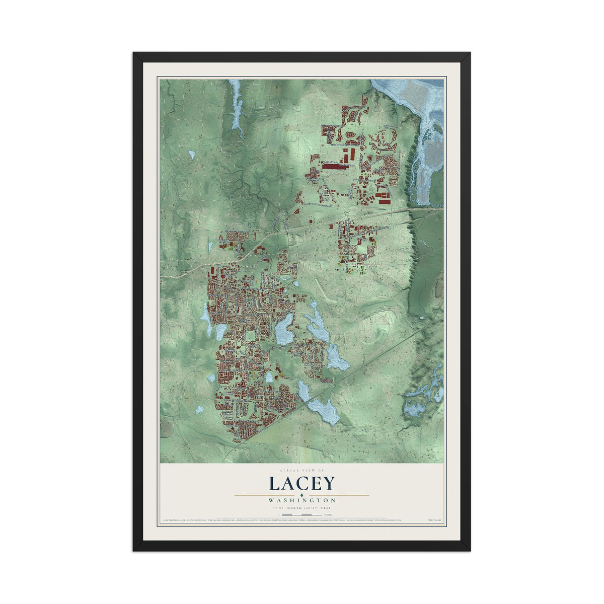 Map of Lacey, Washington, 12 x 18 inch print in a black wood frame