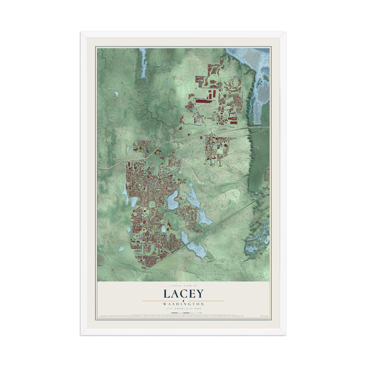 Map of Lacey, Washington, 12 x 18 inch print in a white wood frame