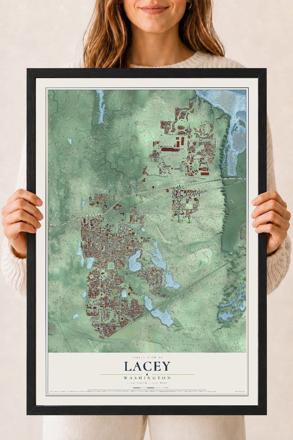 Map of Lacey, Washington, 18 x 24 inch print in a black wood frame