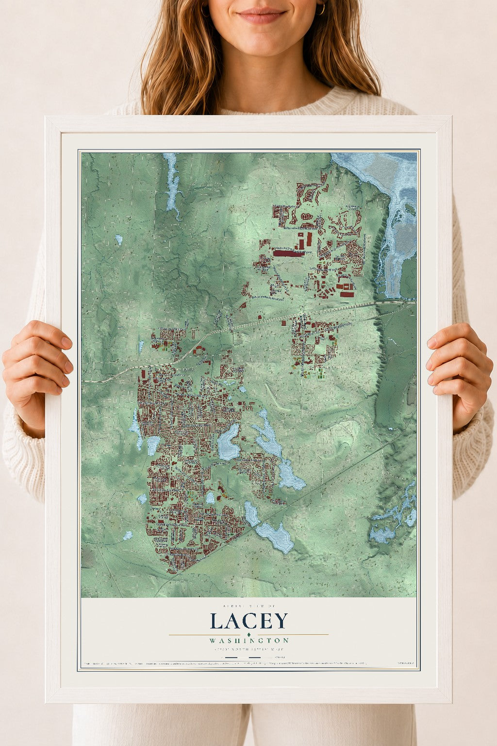 Map of Lacey, Washington, 18 x 24 inch print in a white wood frame