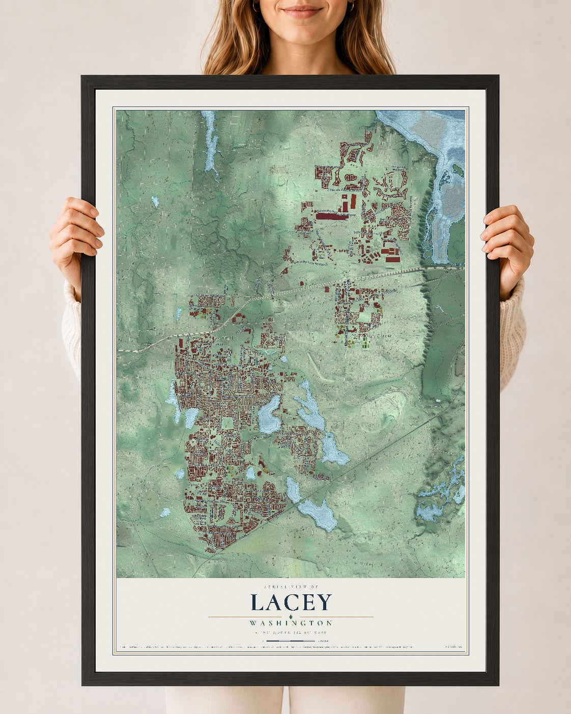 Map of Lacey, Washington, 24 x 36 inch print in a black wood frame