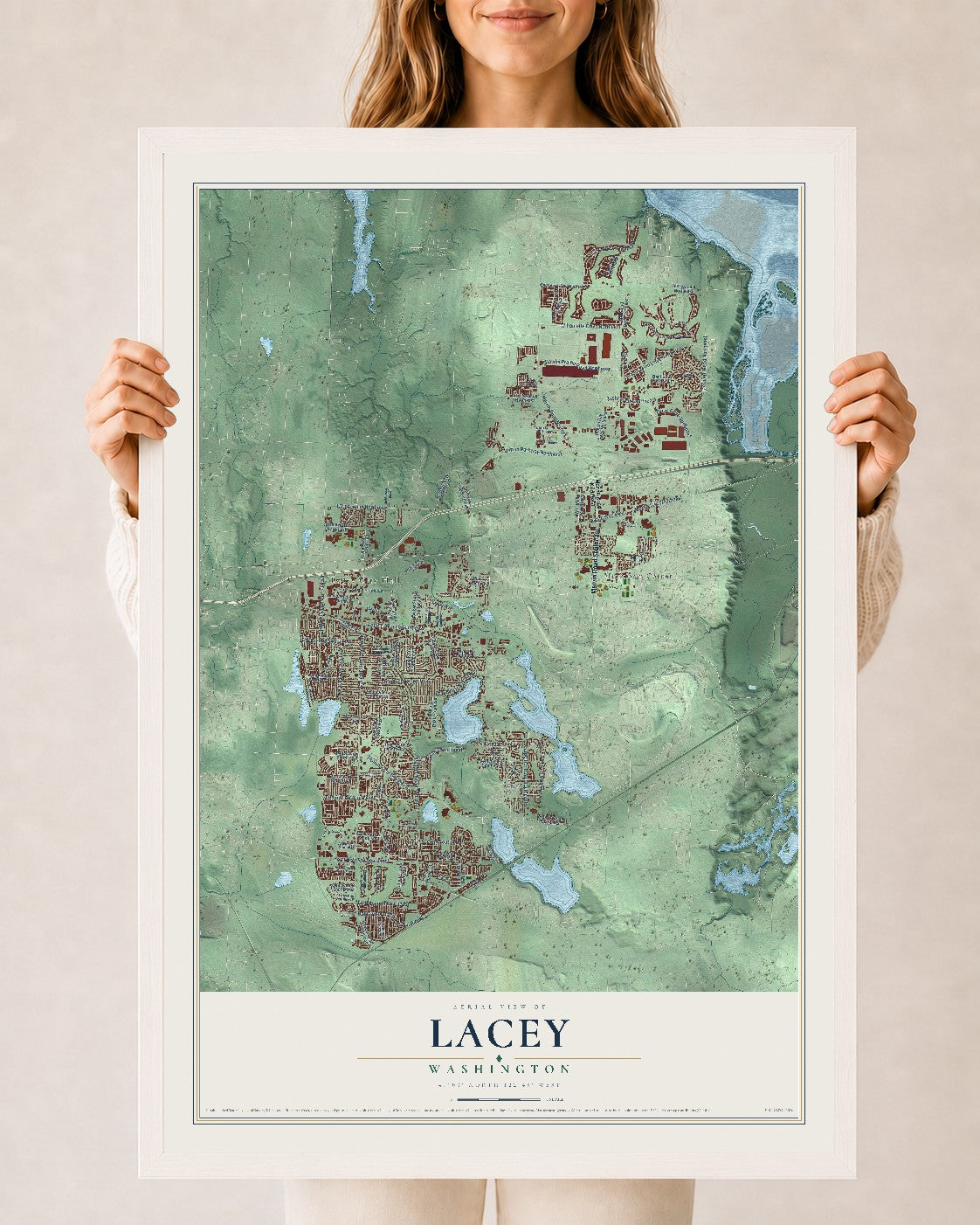 Map of Lacey, Washington, 24 x 36 inch print in a white wood frame