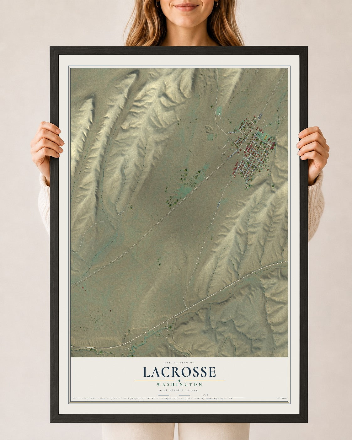 Map of LaCrosse, Washington, 24 x 36 inch print in a black wood frame