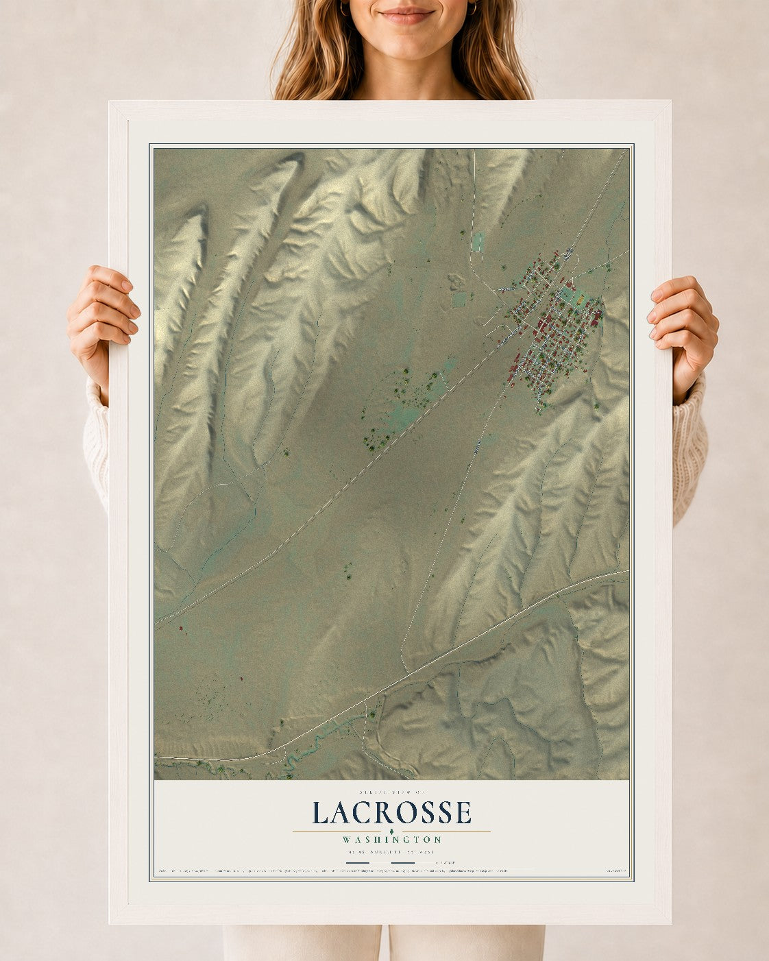 Map of LaCrosse, Washington, 24 x 36 inch print in a white wood frame