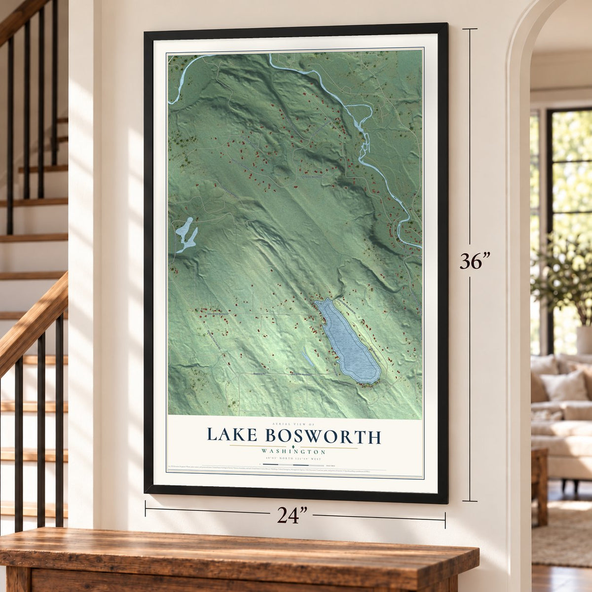 Lake Bosworth, Washington map, 24 x 36 inch print in a black frame by a staircase