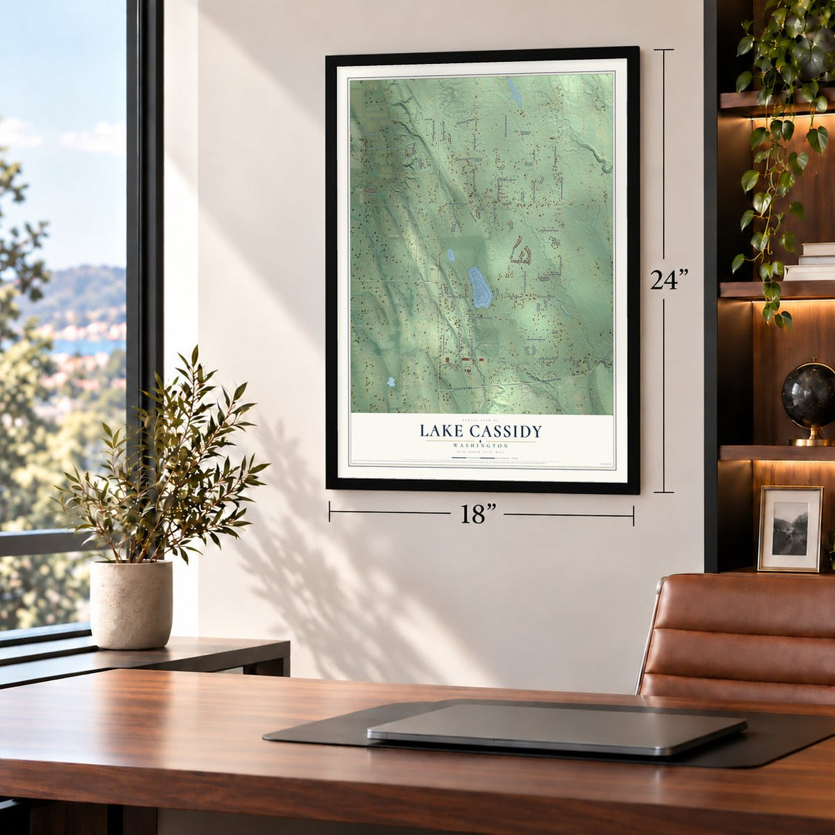 Lake Cassidy, Washington map, 18 x 24 inch print in a black frame in a home office