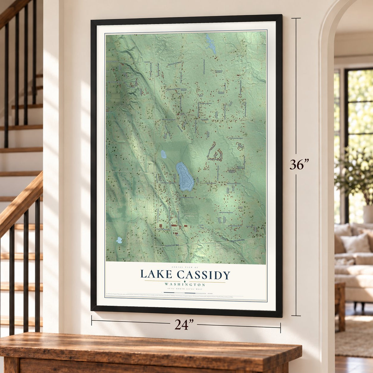 Lake Cassidy, Washington map, 24 x 36 inch print in a black frame by a staircase