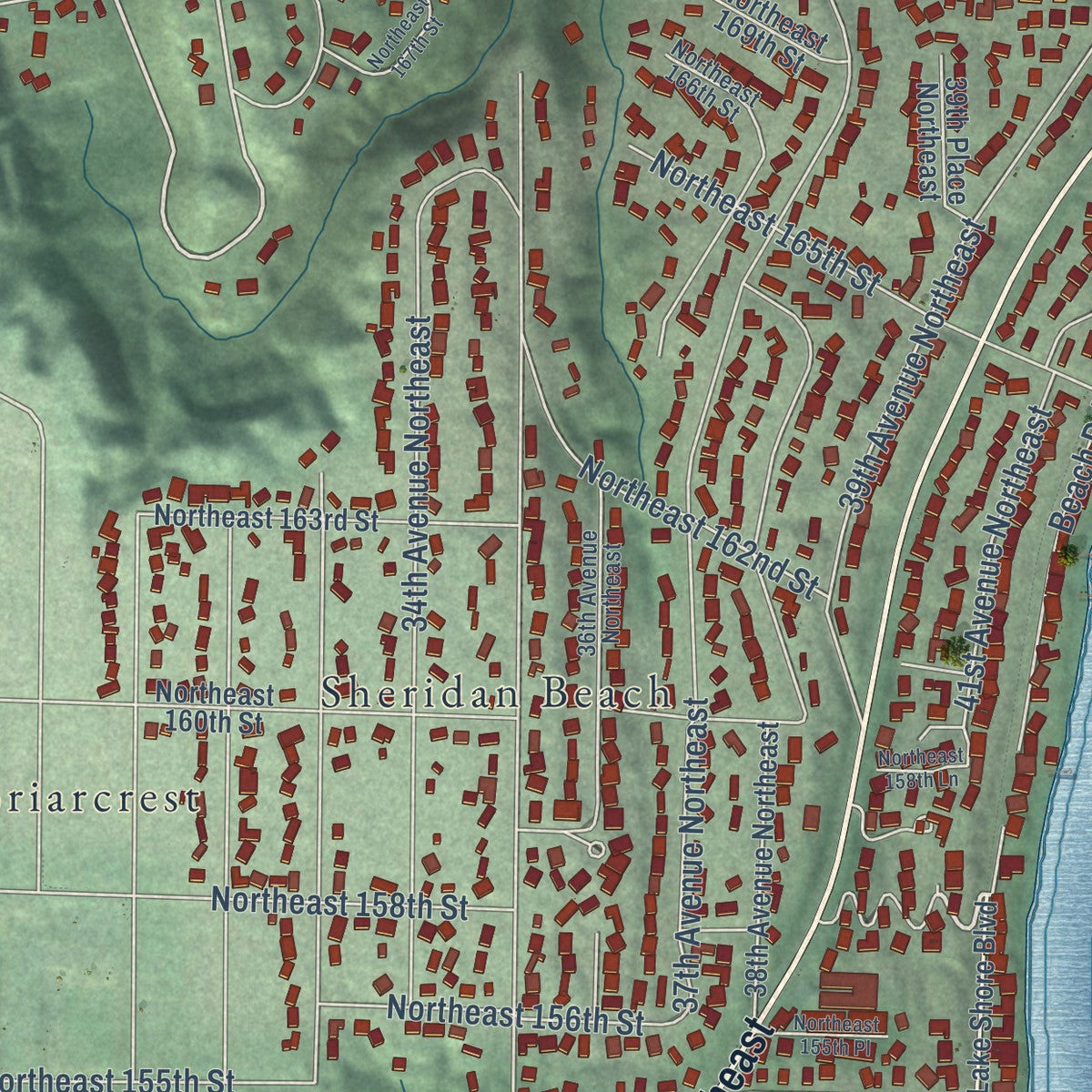 Close-up of the map of Lake Forest Park, Washington print showing street and building detail