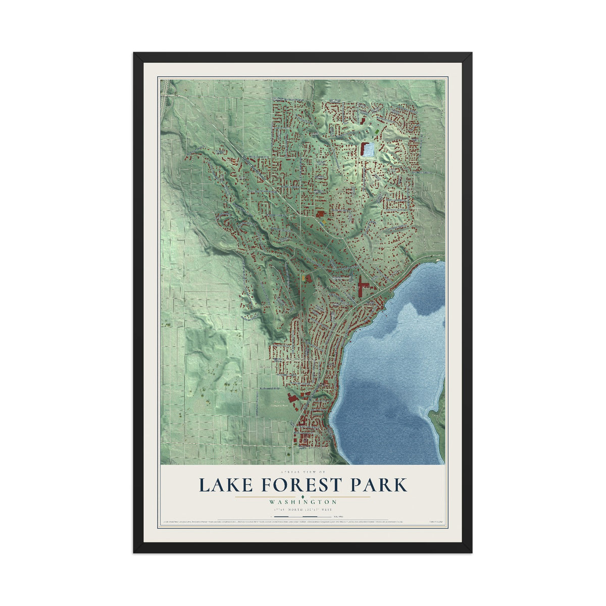Map of Lake Forest Park, Washington, 12 x 18 inch print in a black wood frame