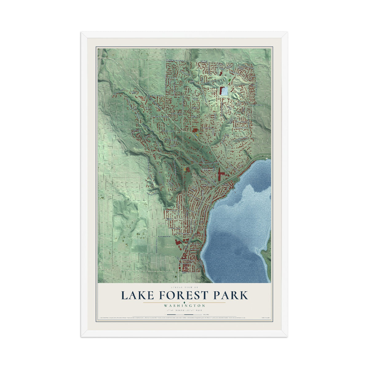 Map of Lake Forest Park, Washington, 12 x 18 inch print in a white wood frame