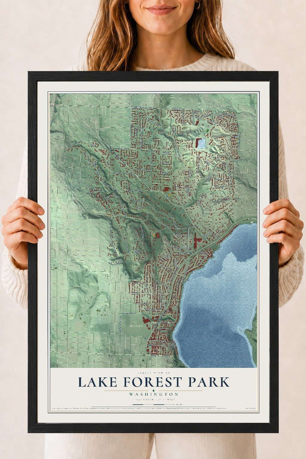 Map of Lake Forest Park, Washington, 18 x 24 inch print in a black wood frame