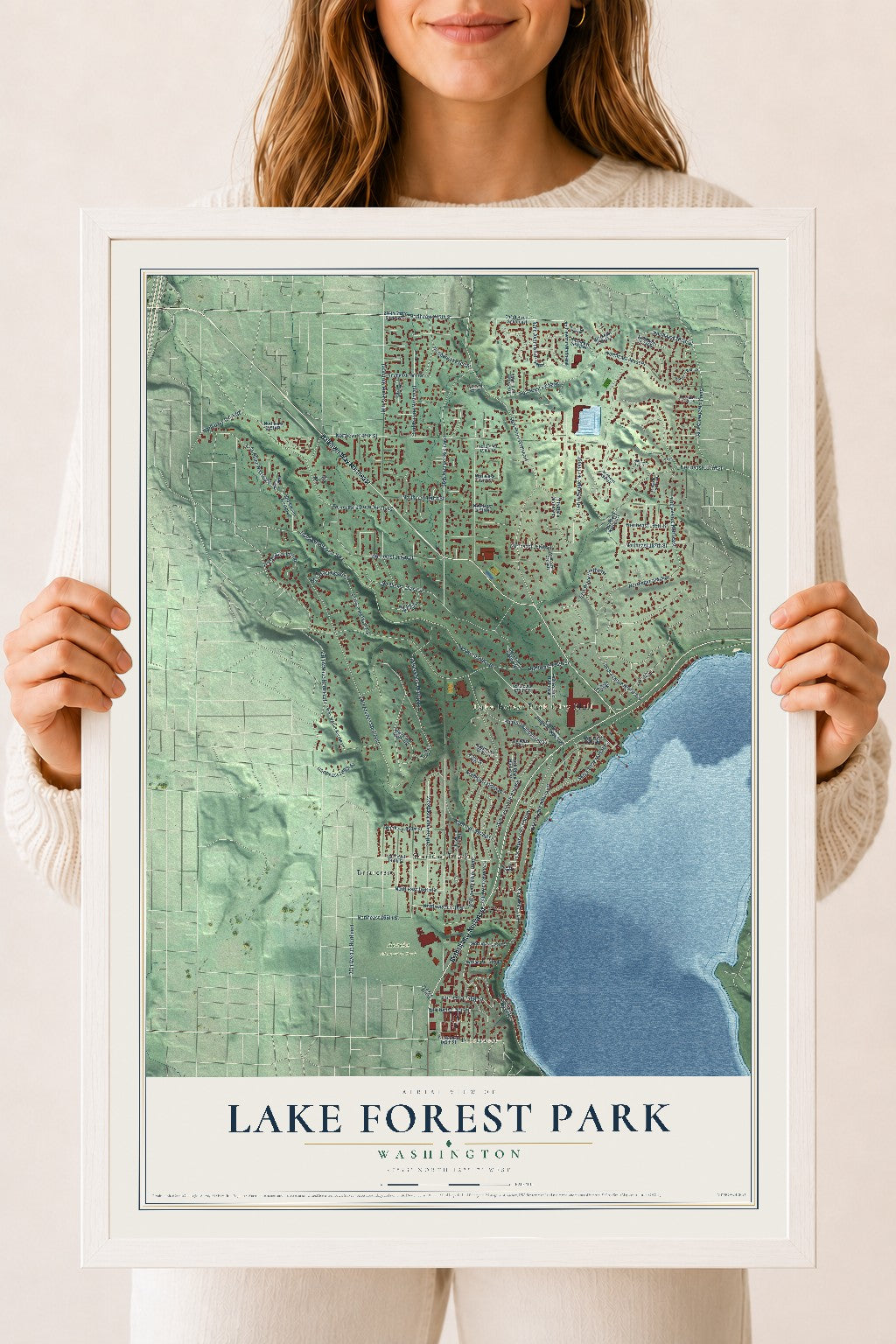 Map of Lake Forest Park, Washington, 18 x 24 inch print in a white wood frame