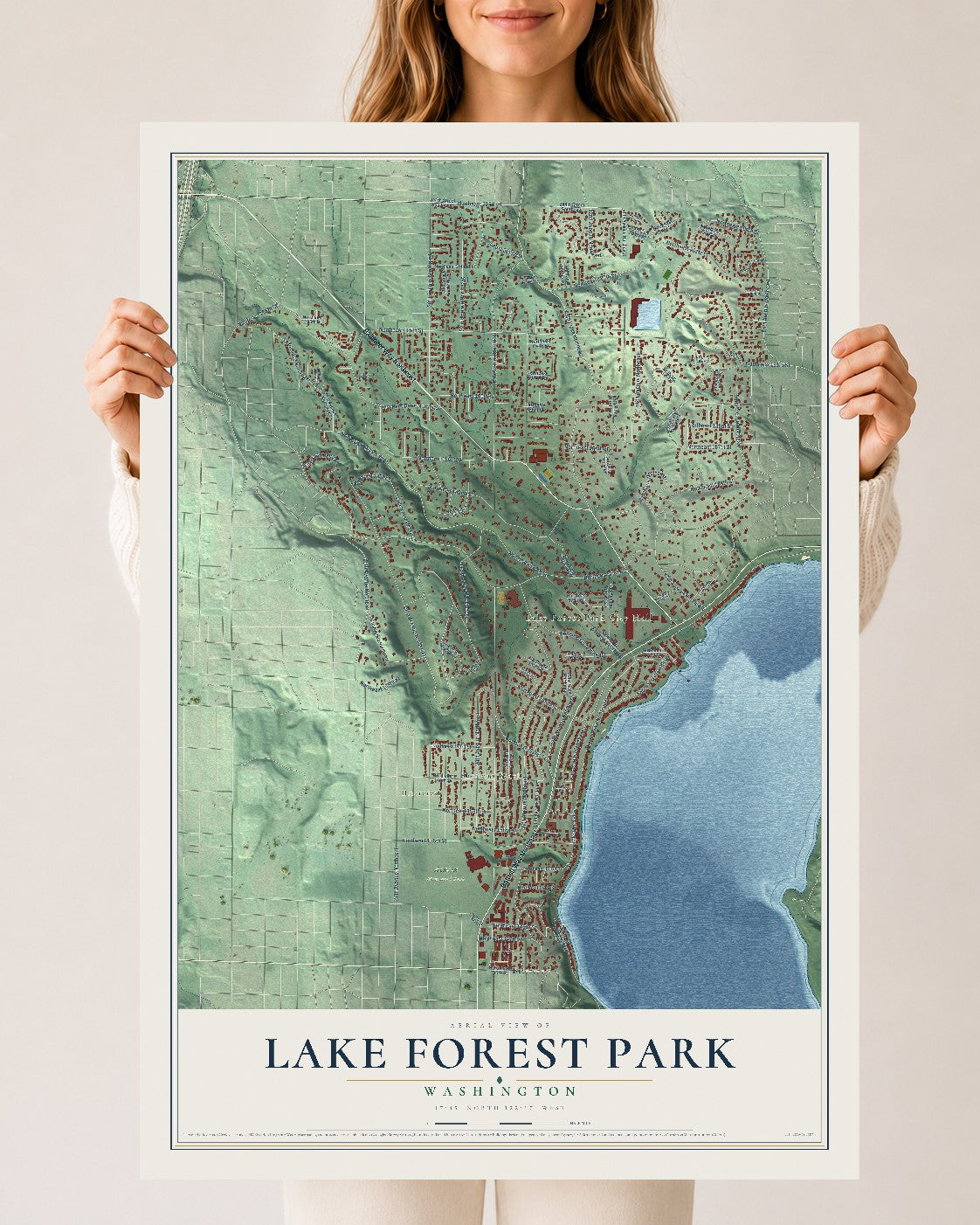 Map of Lake Forest Park, Washington, 24 x 36 inch unframed archival matte print