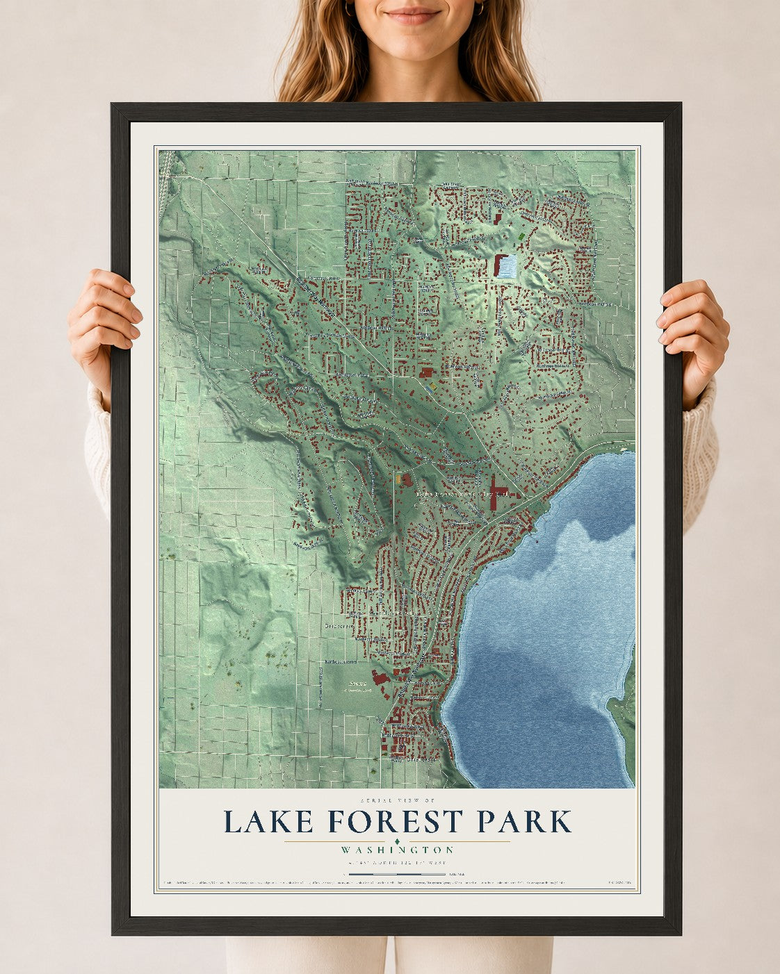 Map of Lake Forest Park, Washington, 24 x 36 inch print in a black wood frame