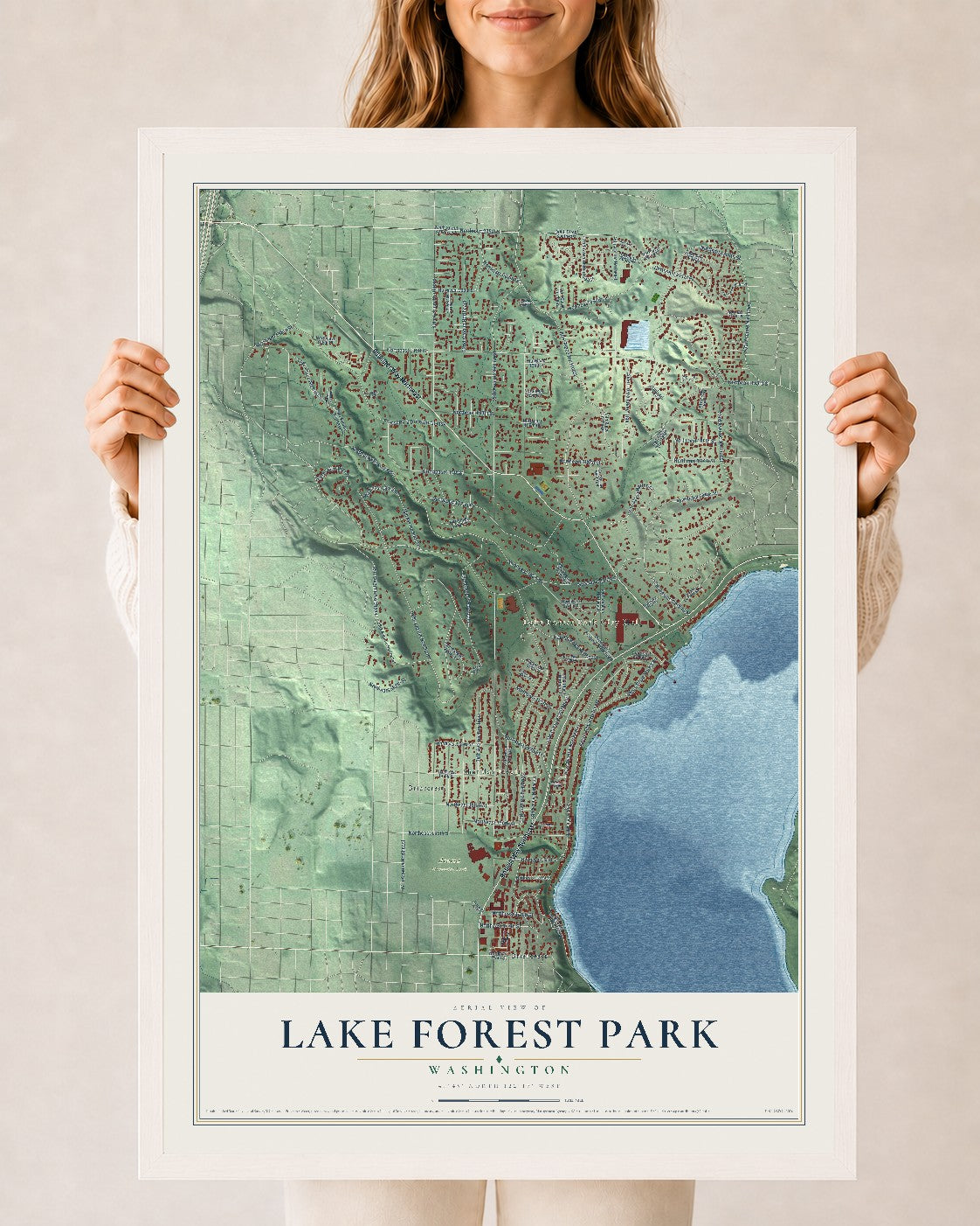 Map of Lake Forest Park, Washington, 24 x 36 inch print in a white wood frame