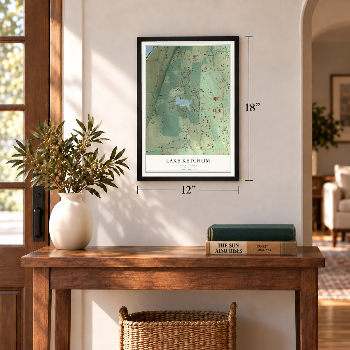 Lake Ketchum, Washington map, 12 x 18 inch print in a black frame in an entryway