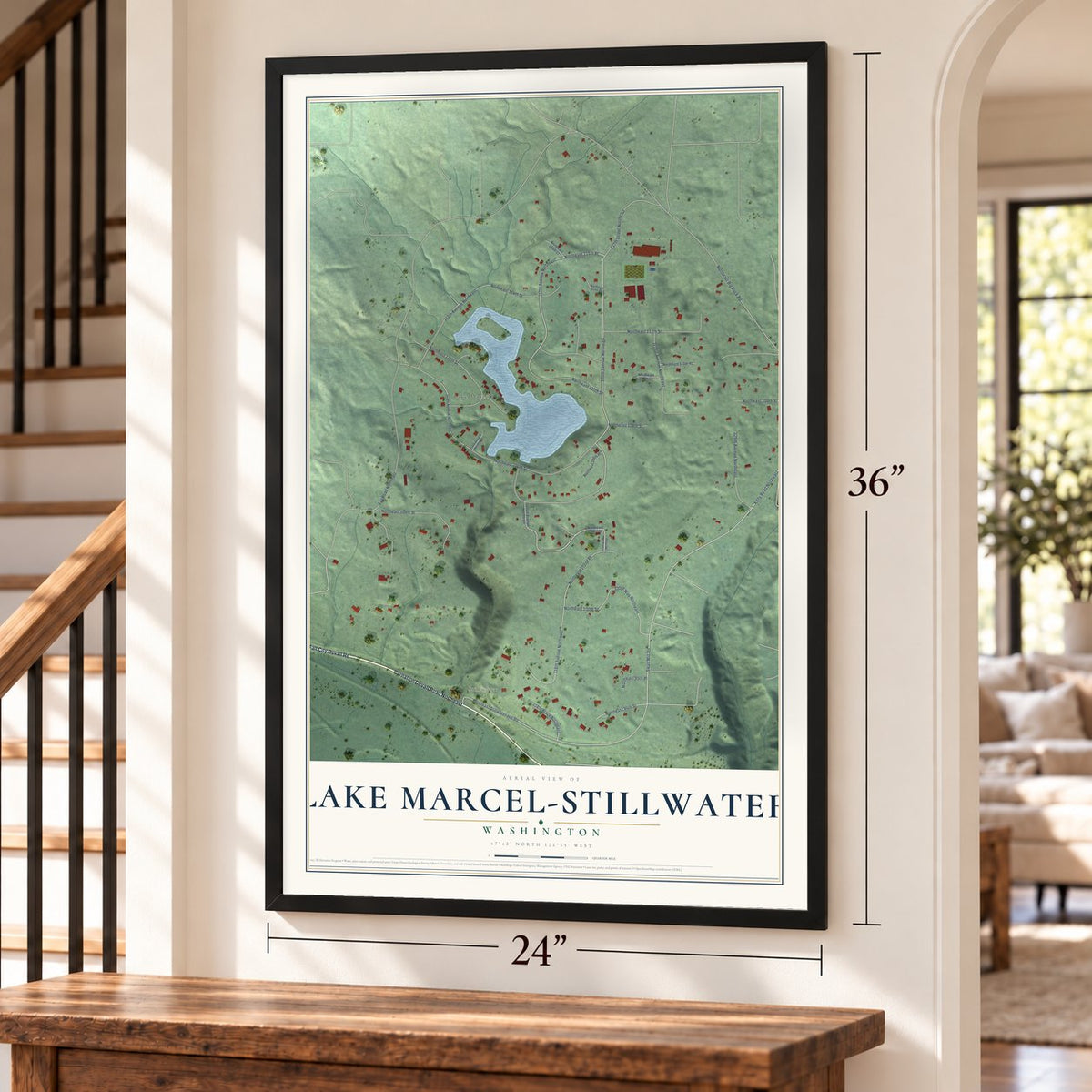 Lake Marcel-Stillwater, Washington map, 24 x 36 inch print in a black frame by a staircase