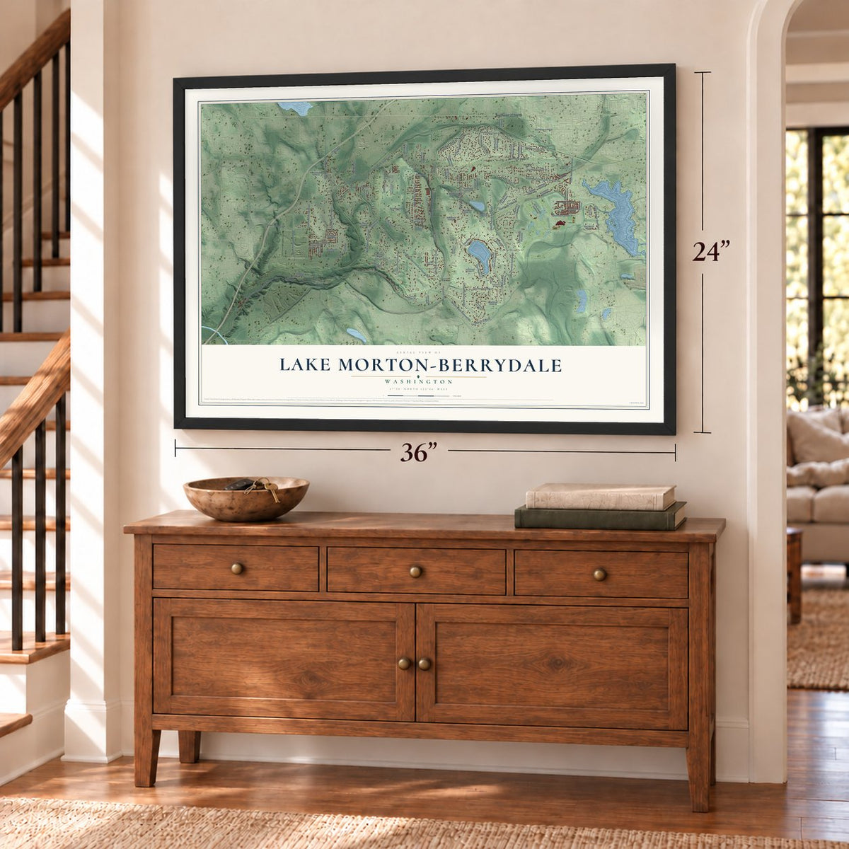 Lake Morton-Berrydale, Washington map, 24 x 36 inch print in a black frame above a dresser by a staircase