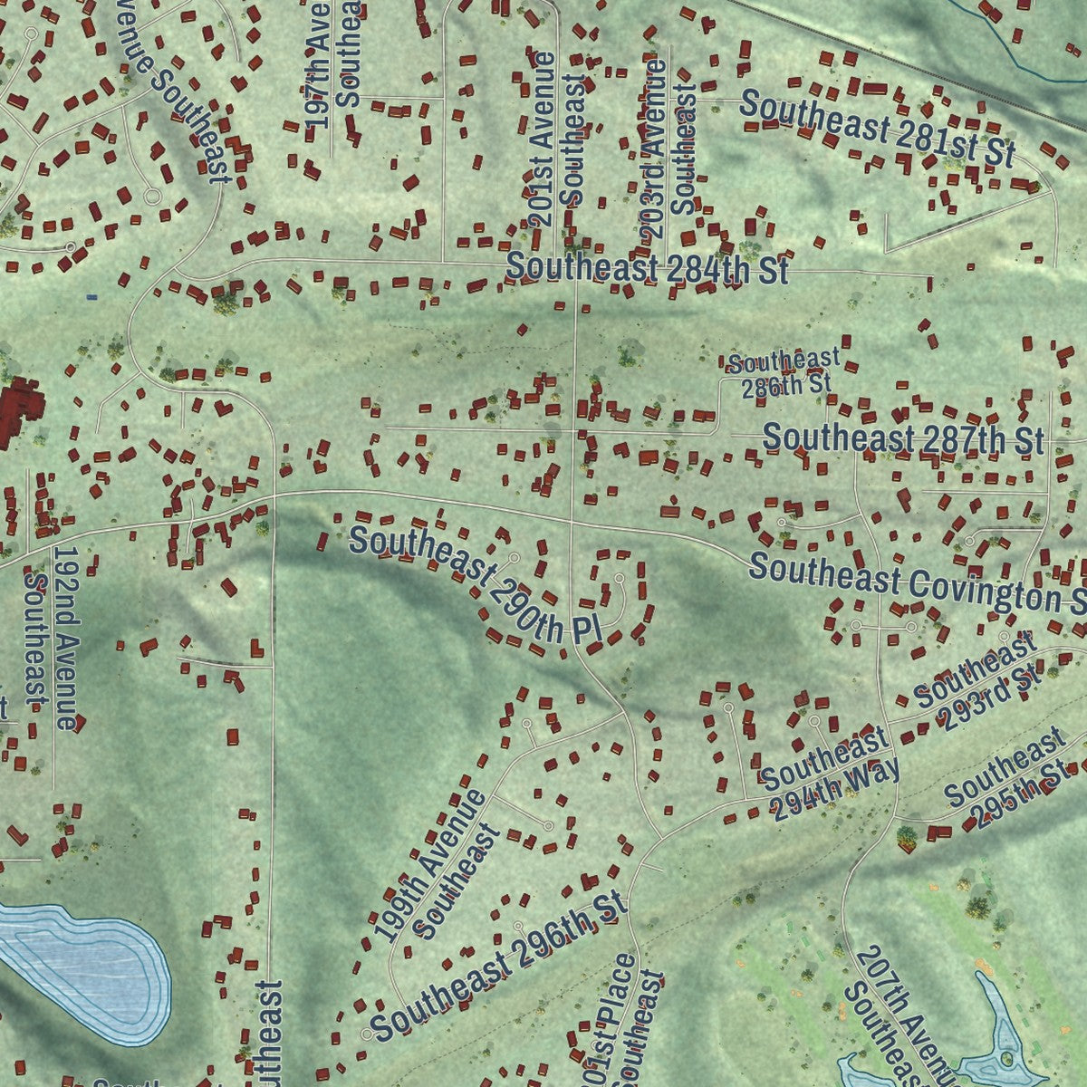 Close-up of the map of Lake Morton-Berrydale, Washington print showing street and building detail