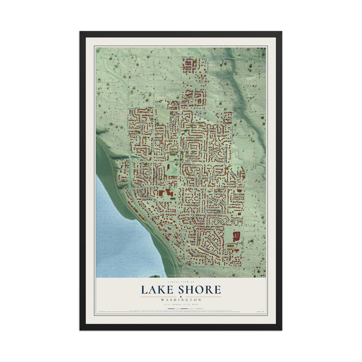 Map of Lake Shore, Washington, 12 x 18 inch print in a black wood frame