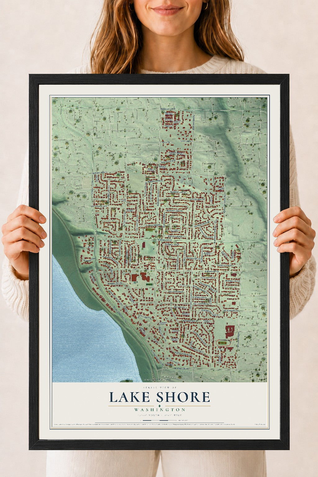 Map of Lake Shore, Washington, 18 x 24 inch print in a black wood frame