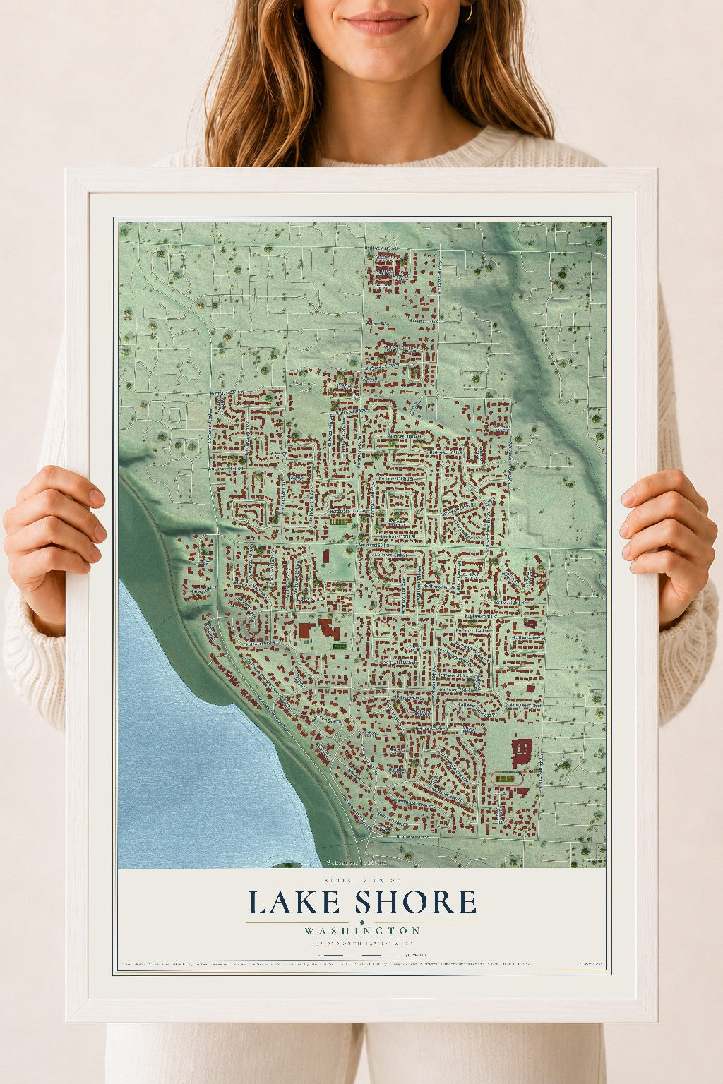 Map of Lake Shore, Washington, 18 x 24 inch print in a white wood frame