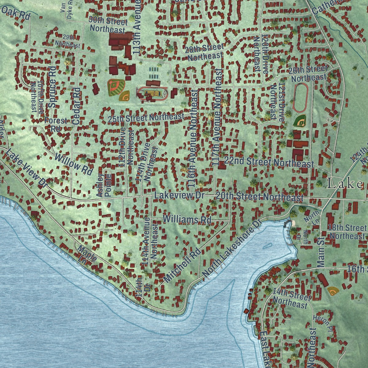 Second close-up of the map of Lake Stevens, Washington print showing more streets and buildings