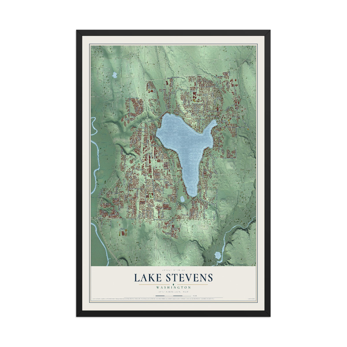 Map of Lake Stevens, Washington, 12 x 18 inch print in a black wood frame