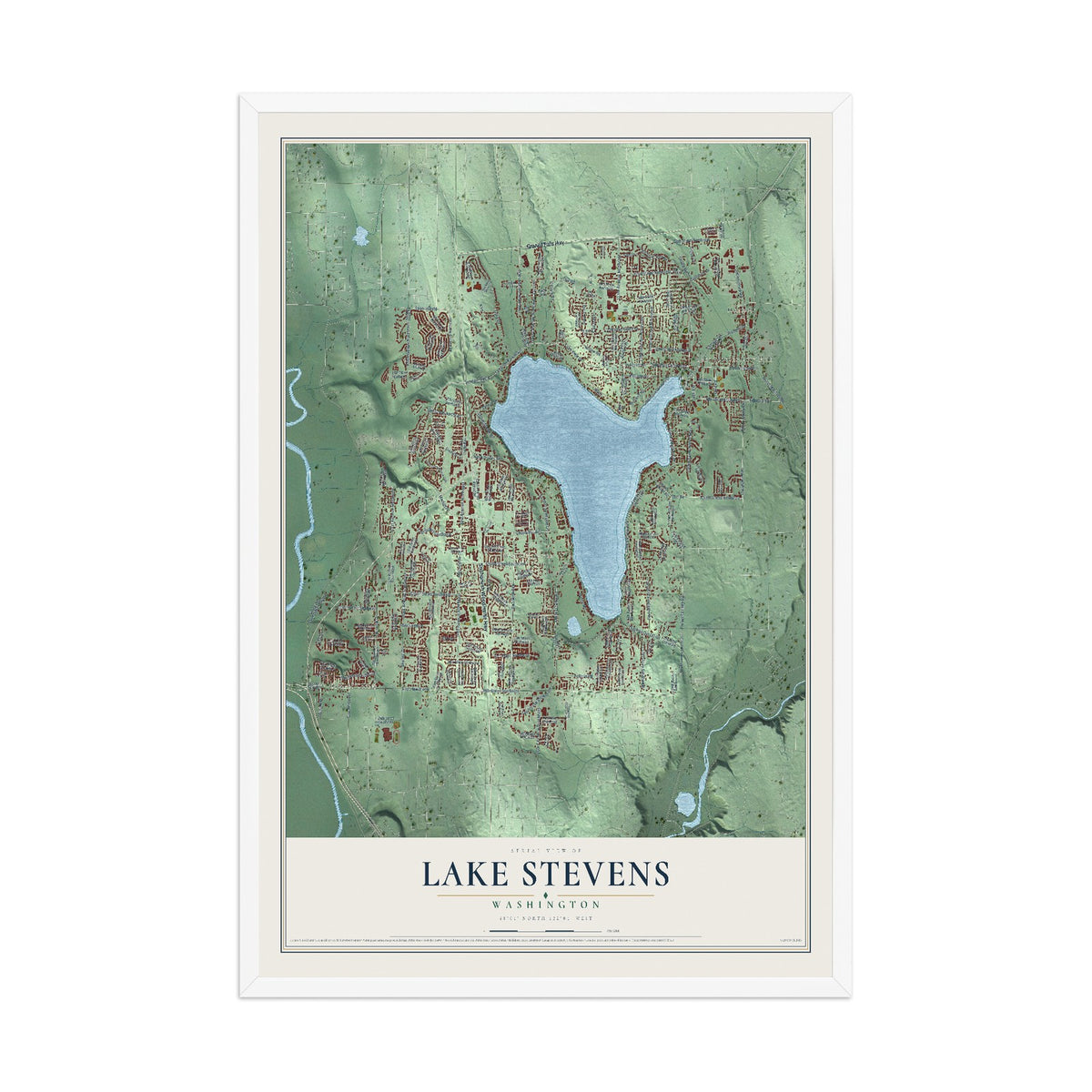 Map of Lake Stevens, Washington, 12 x 18 inch print in a white wood frame