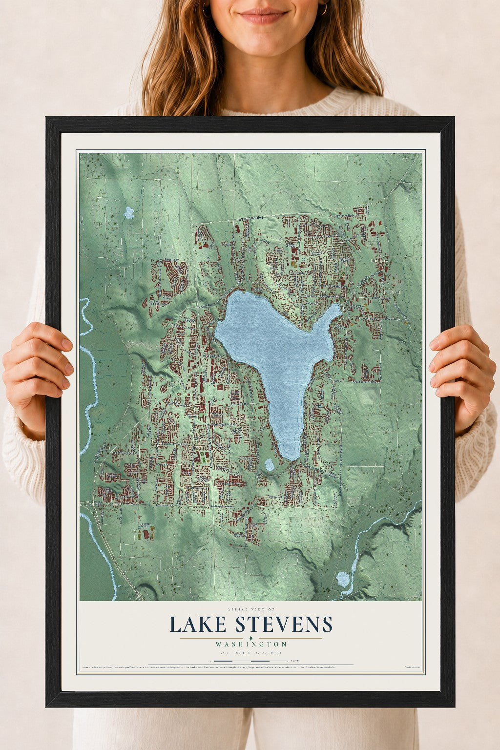 Map of Lake Stevens, Washington, 18 x 24 inch print in a black wood frame