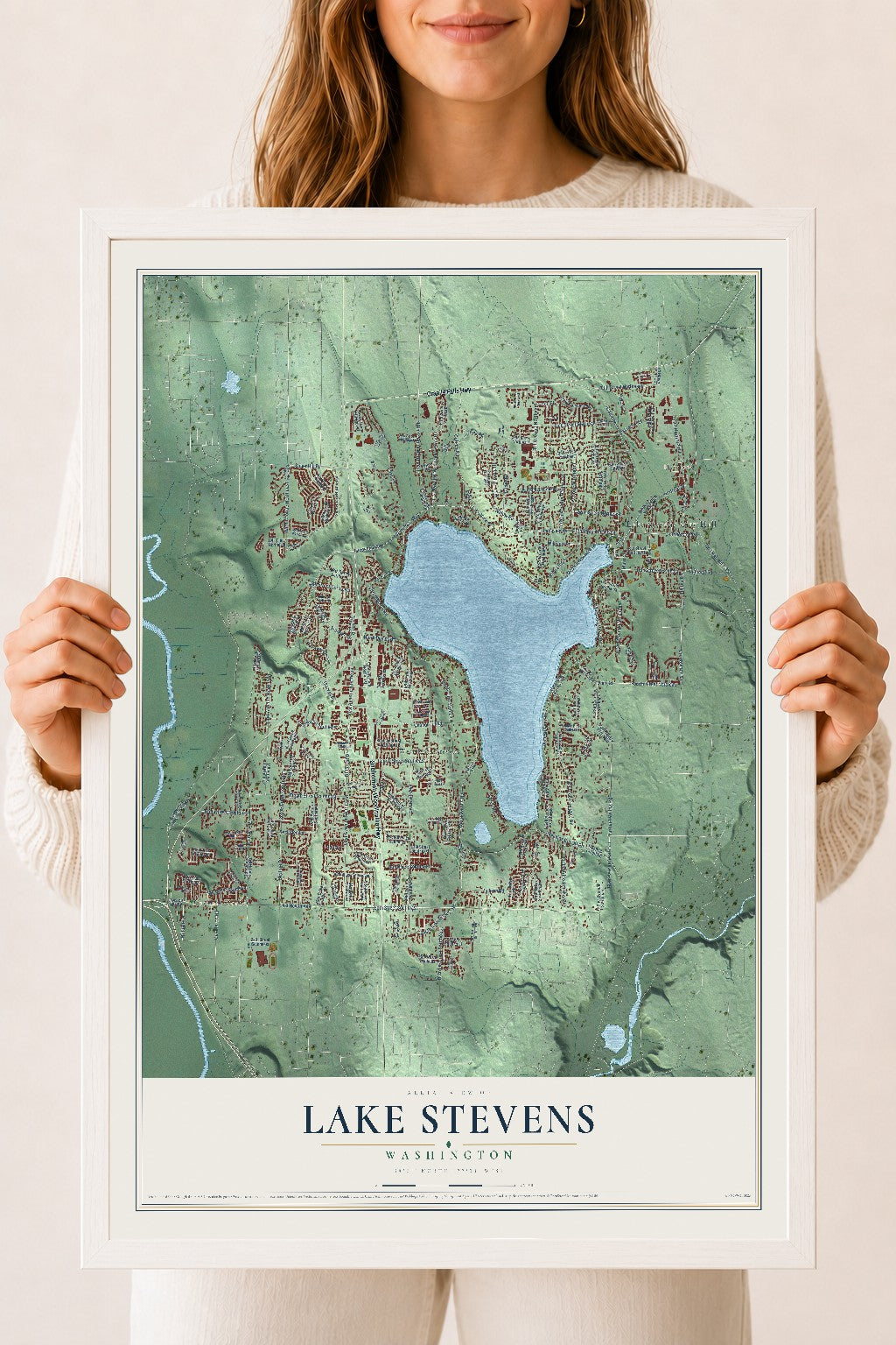 Map of Lake Stevens, Washington, 18 x 24 inch print in a white wood frame