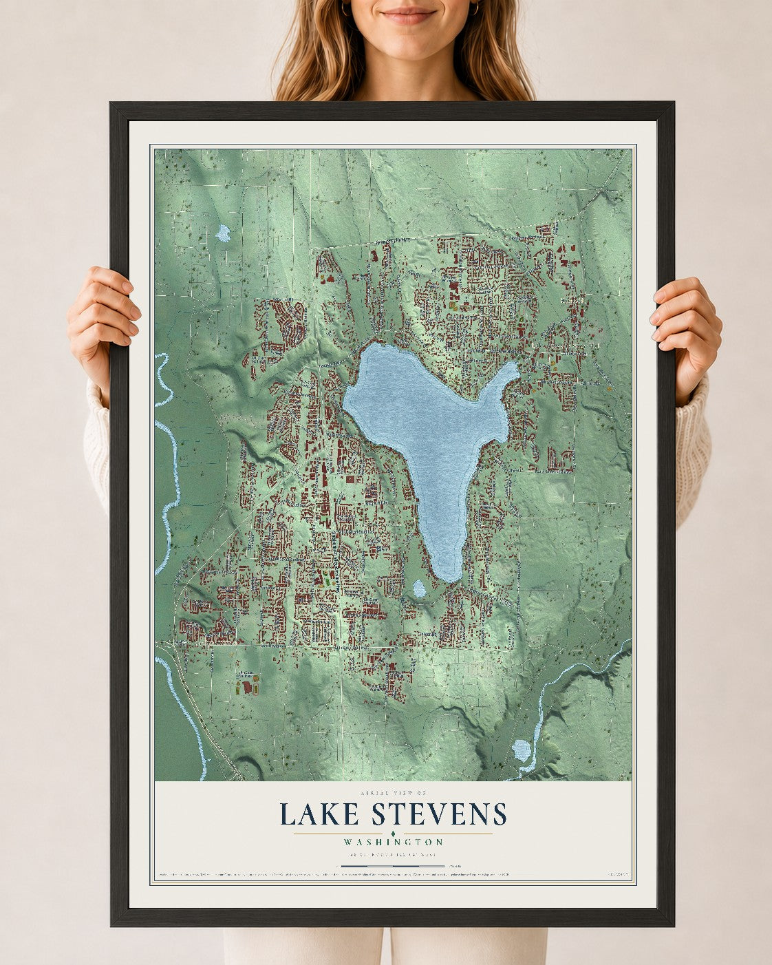 Map of Lake Stevens, Washington, 24 x 36 inch print in a black wood frame