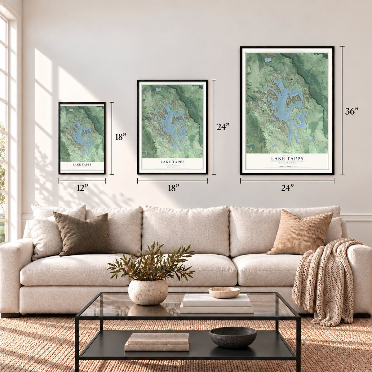 Lake Tapps, Washington map in 12 x 18, 18 x 24 and 24 x 36 inch sizes above a sofa