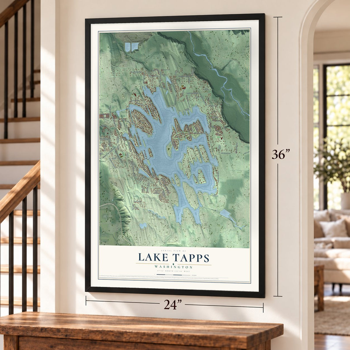 Lake Tapps, Washington map, 24 x 36 inch print in a black frame by a staircase