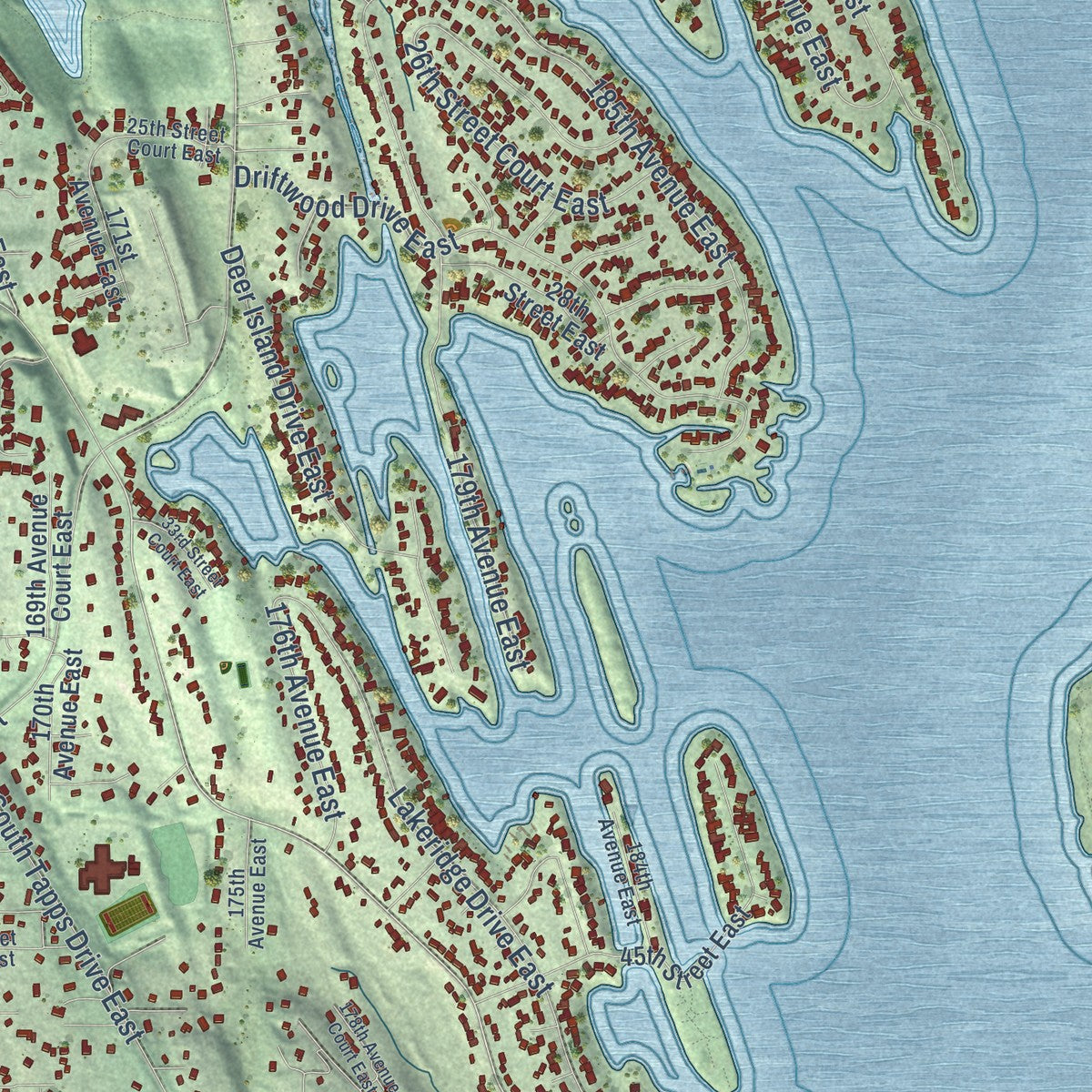 Close-up of the map of Lake Tapps, Washington print showing street and building detail