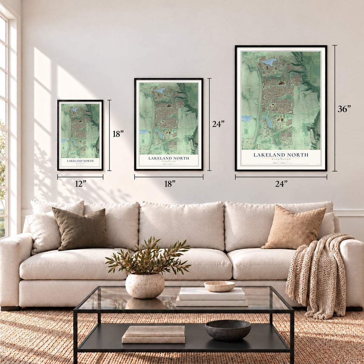 Lakeland North, Washington map in 12 x 18, 18 x 24 and 24 x 36 inch sizes above a sofa