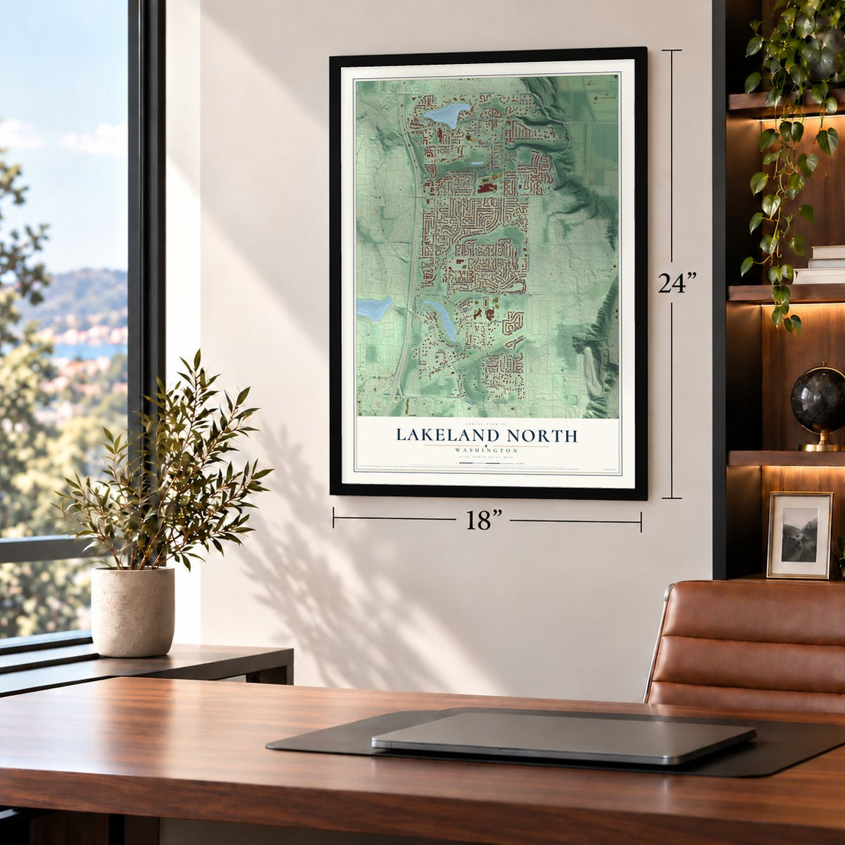Lakeland North, Washington map, 18 x 24 inch print in a black frame in a home office