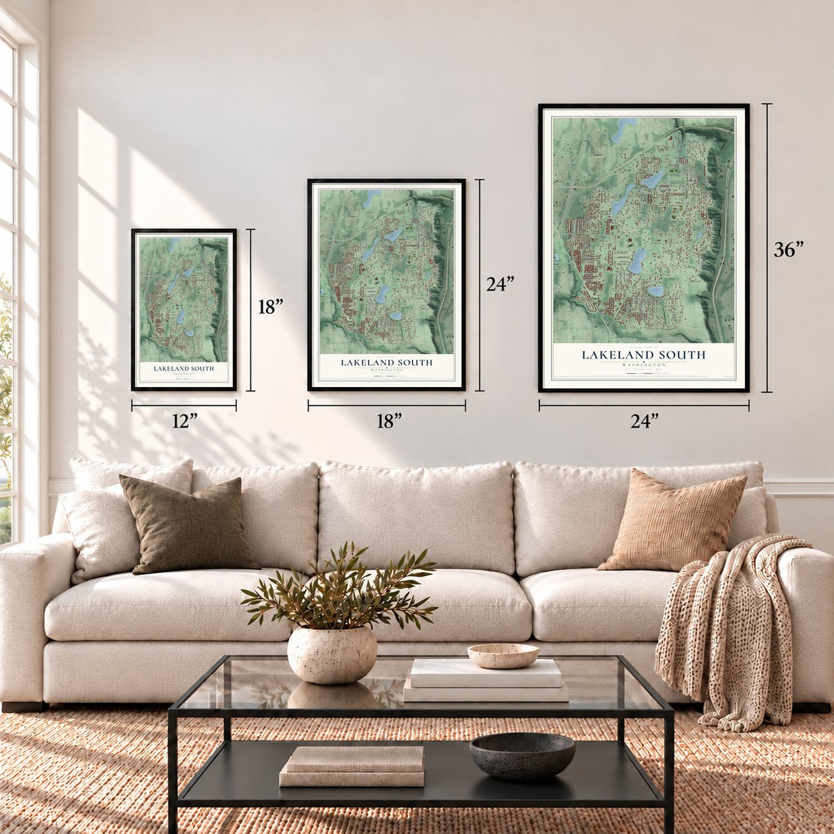 Lakeland South, Washington map in 12 x 18, 18 x 24 and 24 x 36 inch sizes above a sofa