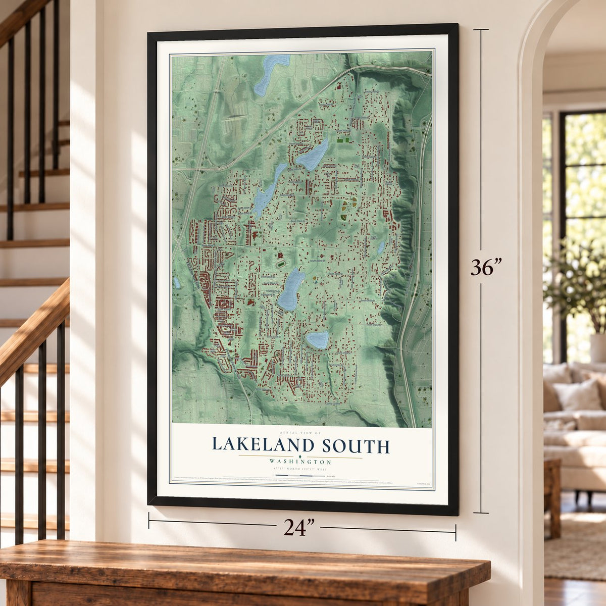 Lakeland South, Washington map, 24 x 36 inch print in a black frame by a staircase