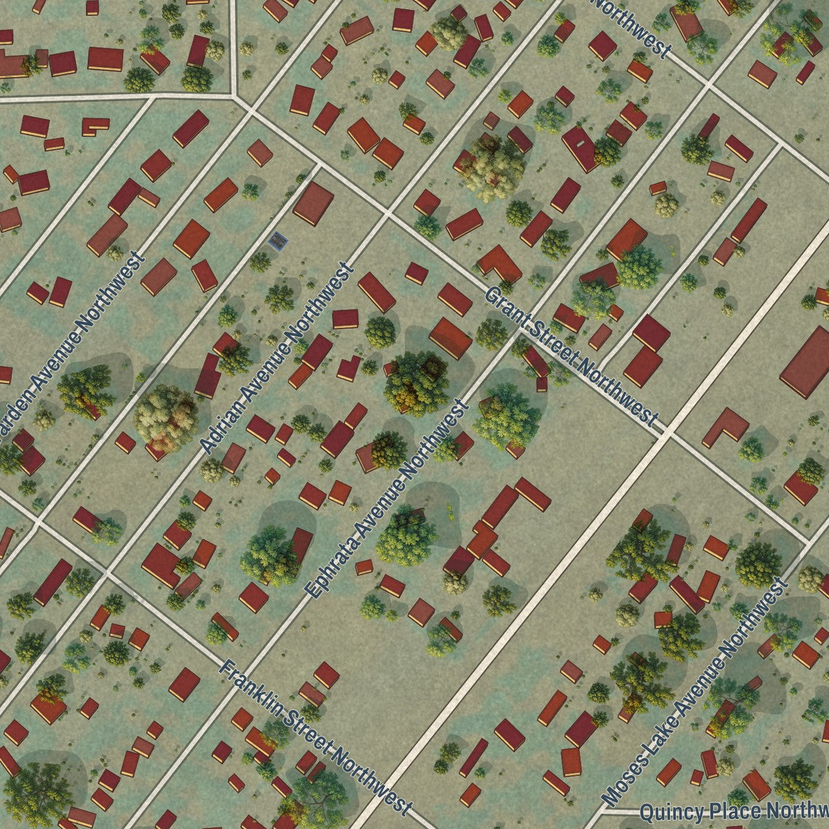 Close-up of the map of Lakeview, Washington print showing street and building detail