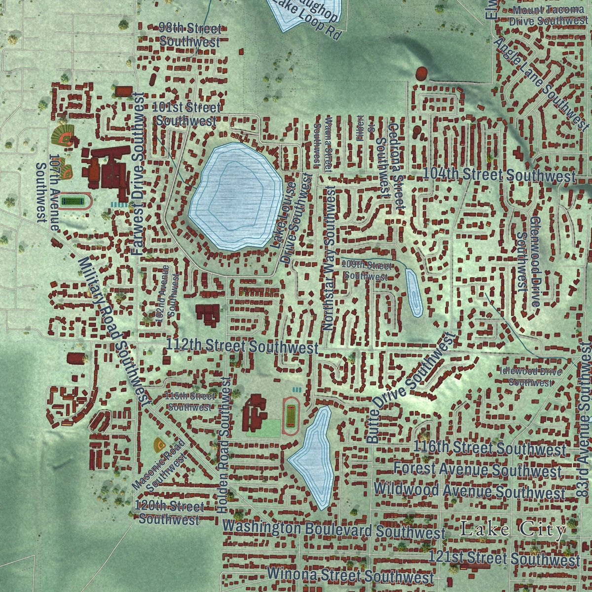 Close-up of the map of Lakewood, Washington print showing street and building detail