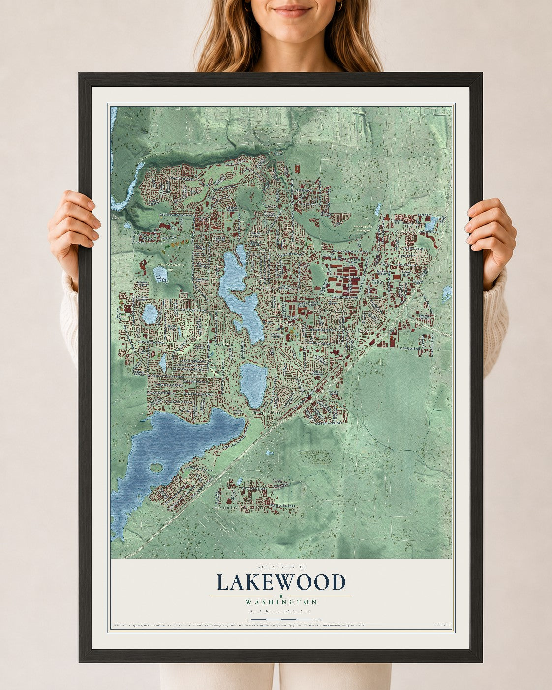 Map of Lakewood, Washington, 24 x 36 inch print in a black wood frame