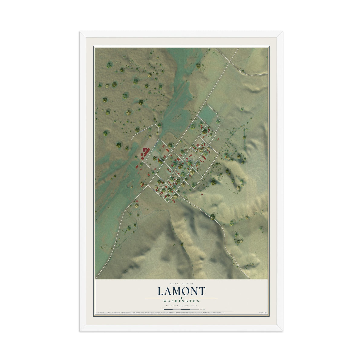 Map of Lamont, Washington, 12 x 18 inch print in a white wood frame
