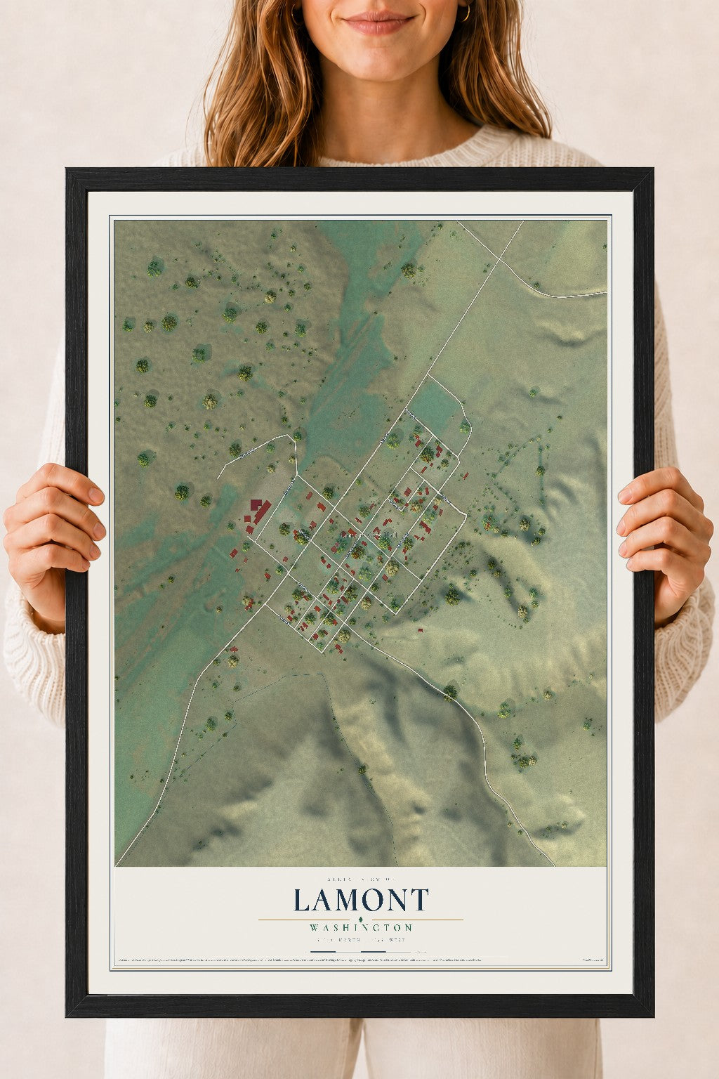 Map of Lamont, Washington, 18 x 24 inch print in a black wood frame