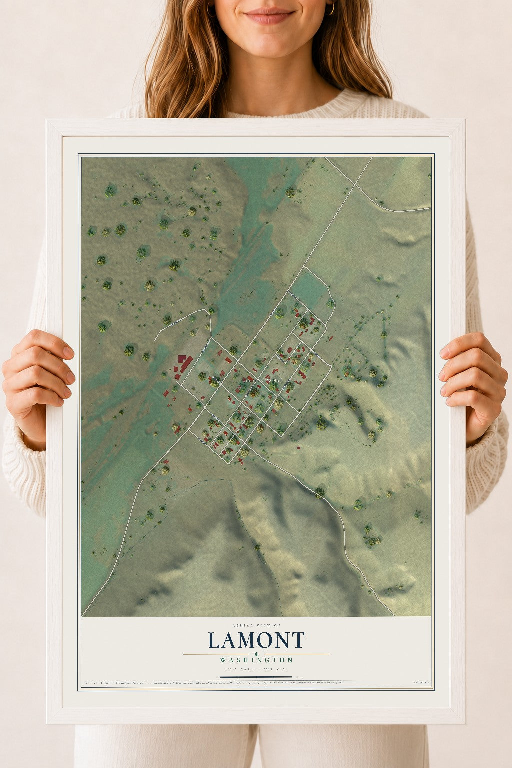 Map of Lamont, Washington, 18 x 24 inch print in a white wood frame