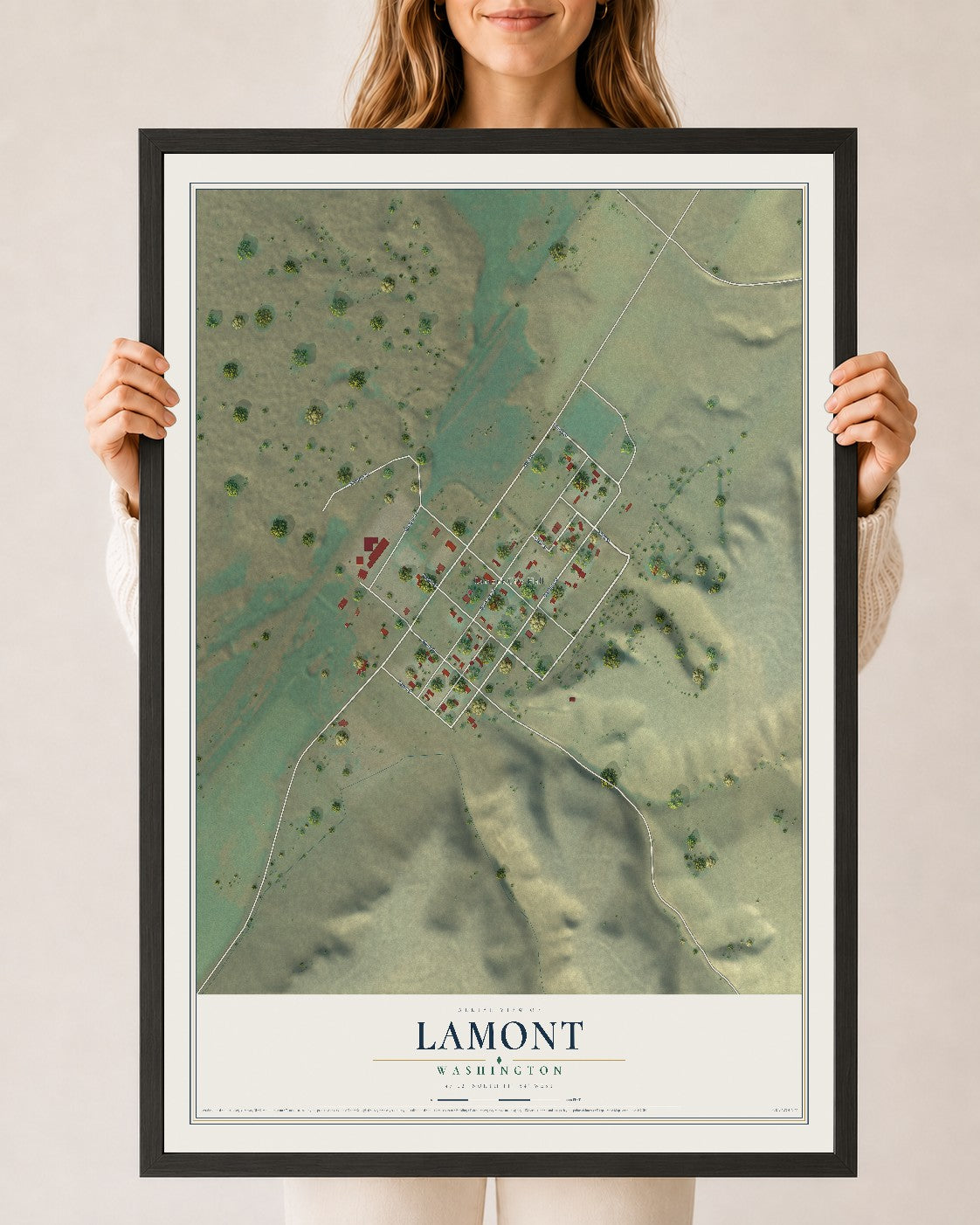 Map of Lamont, Washington, 24 x 36 inch print in a black wood frame