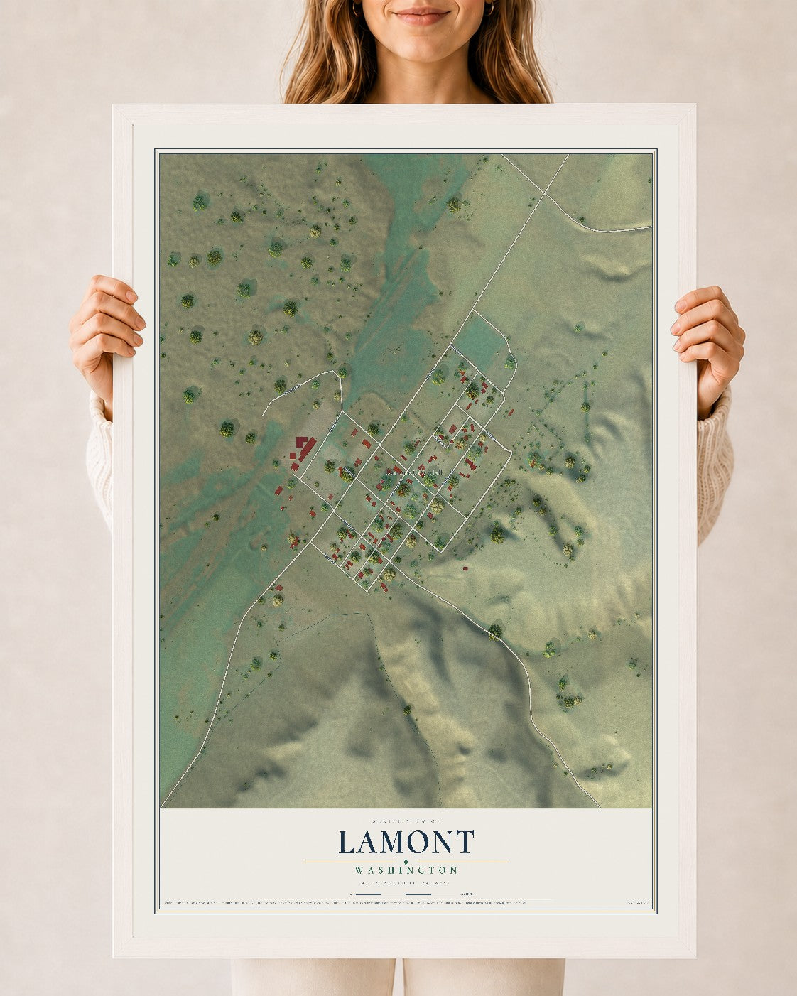 Map of Lamont, Washington, 24 x 36 inch print in a white wood frame